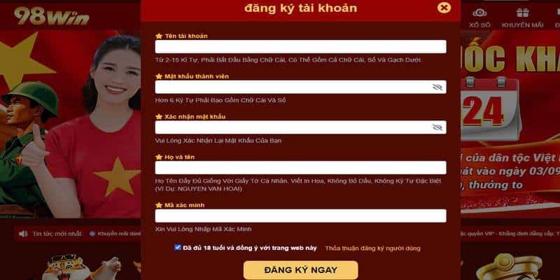 Đăng ký 98win - Hướng dẫn quy trình đăng ký tài khoản chi tiết 3 3 bước đăng ký 98win