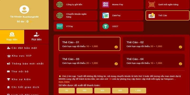 Nạp tiền 98win - Hướng dẫn nạp tiền siêu tốc, an toàn 3 Nạp tiền 98win qua thẻ cào